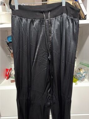 Women's Black Satin Pajama Pants with Drawstring Waist